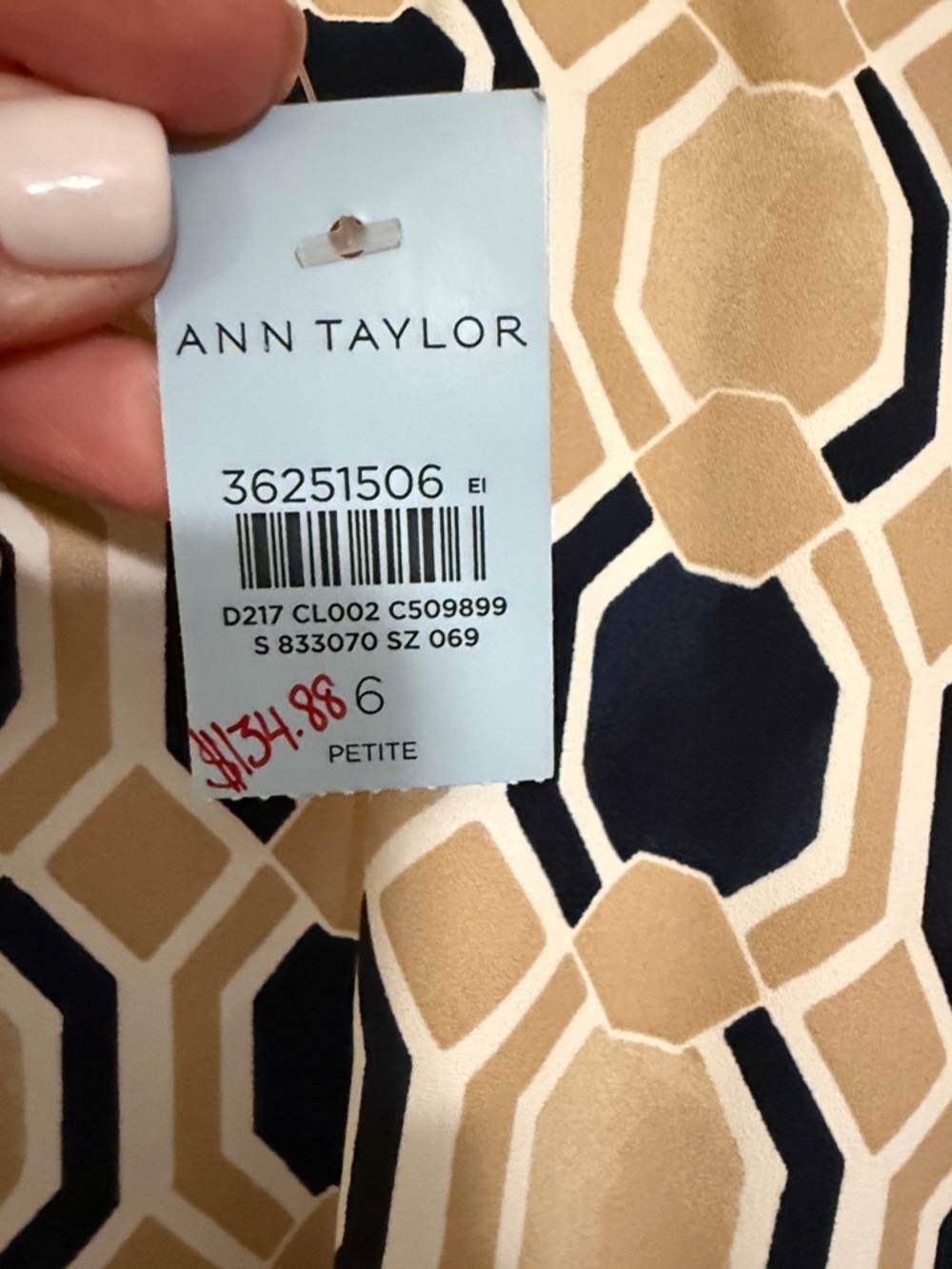 Ann Taylor Navy and Beige Geometric Knot-Waist Midi Dress - Picture 2 of 3
